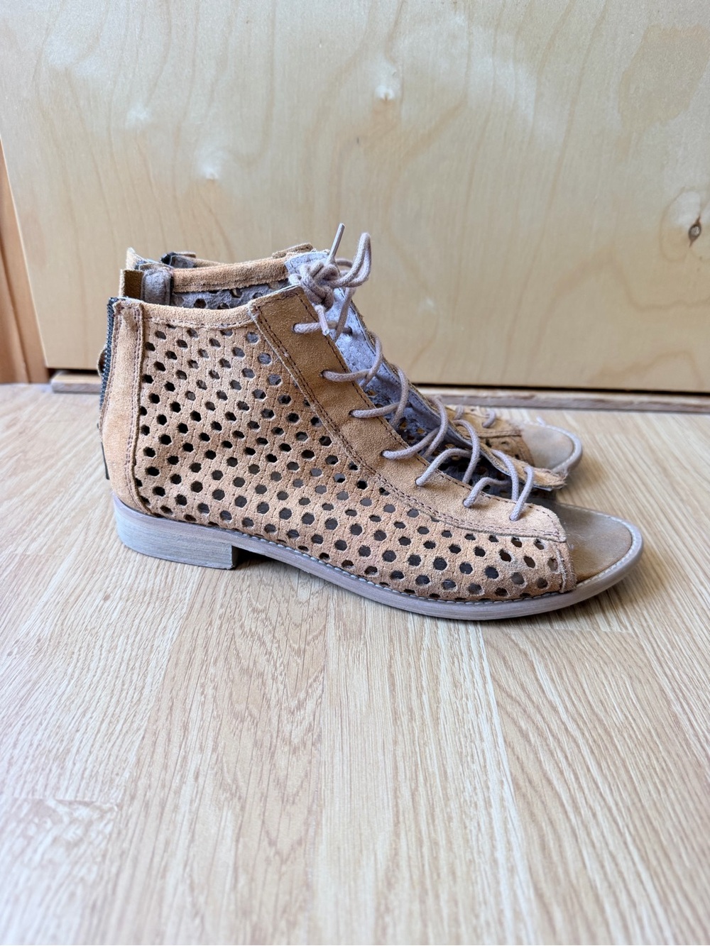 Suede Perforated Lace-Up Peep-Toe Ankle Boots in Tan